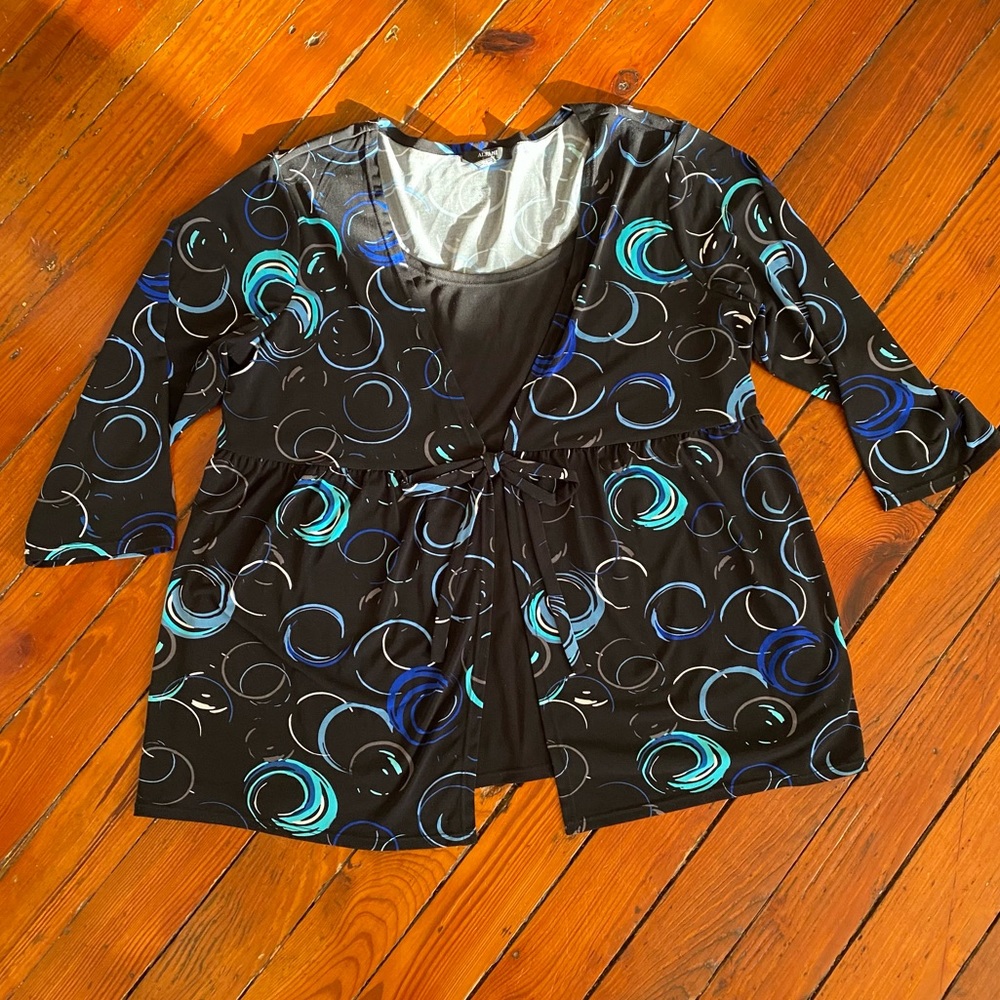 Alfani Geometric Black 3/4 Sleeve Tie Front Top Size 2X